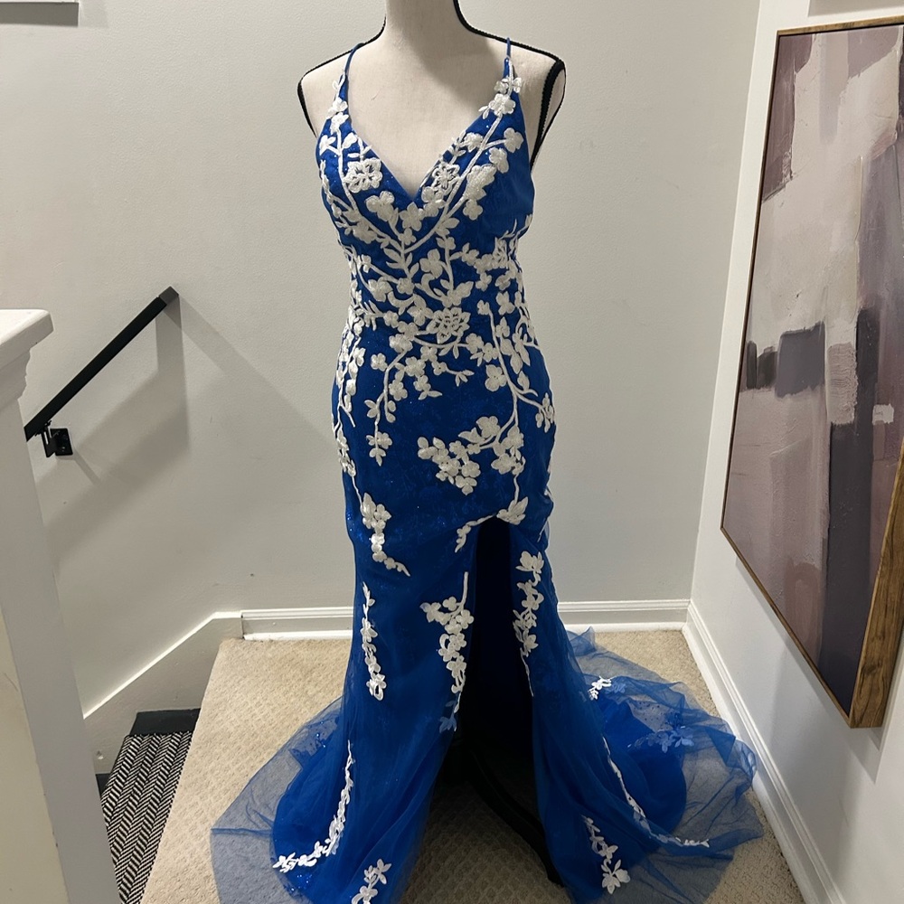 Blue and White Floral Gown